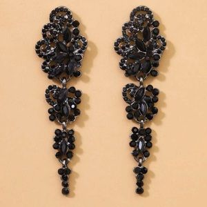 Victorian Black Rhinestone Decor Drop Gothic, Glam, Long Statement Earrings